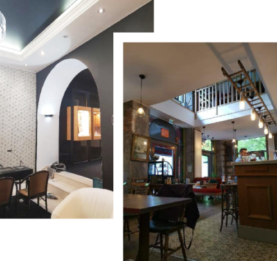 Montage de deux photos sur la rénovation, rénovation de pièces d'un restaurant